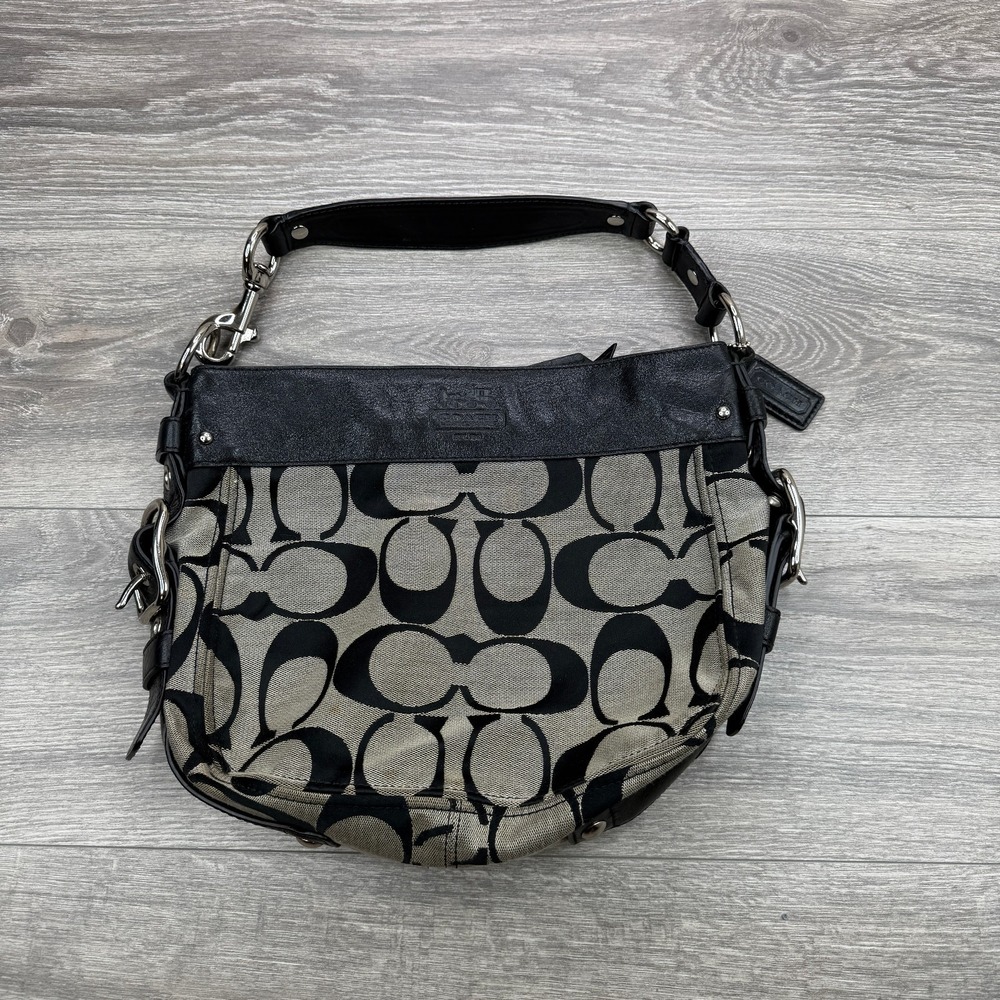 Coach Zoe Shoulder Bag F12657 Black Gray Signature Jacquard Leather Hobo Y2K